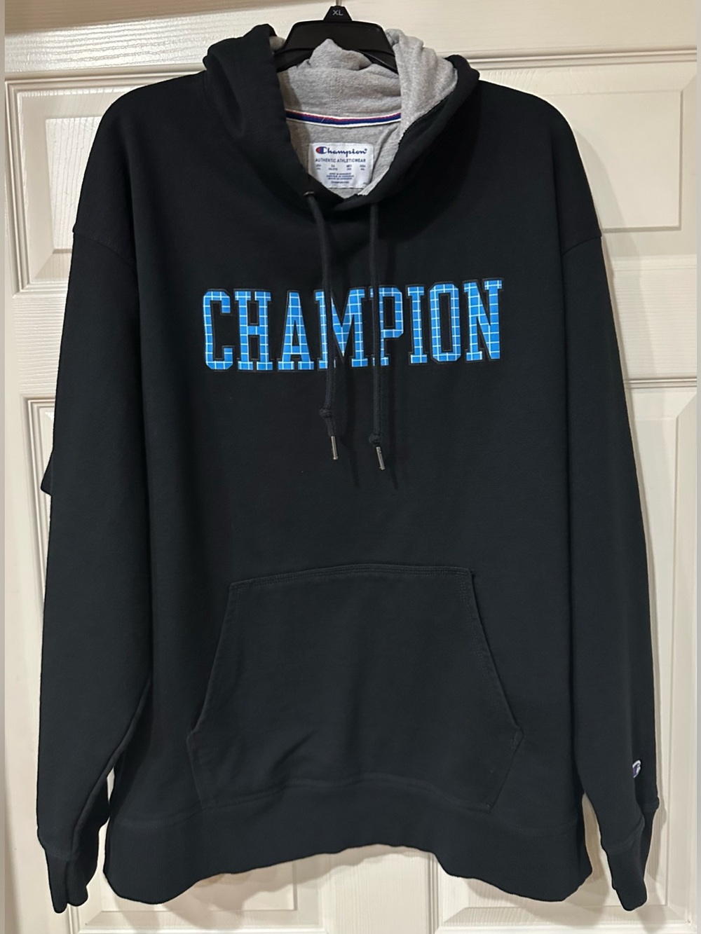 Champion Men’s Black Hoodie with Blue Lettering 2XL